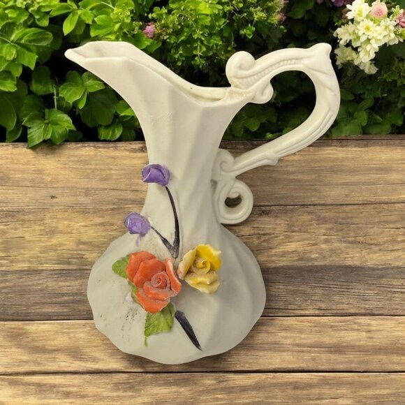 Vintage Bisque Porcelain Ewer Pitcher Bud Vase 3D Floral Motif 5" Made In Taiwan - Picture 1 of 12